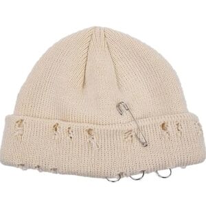 Unisex Beige-White Knit Beanie with Metal Accents
